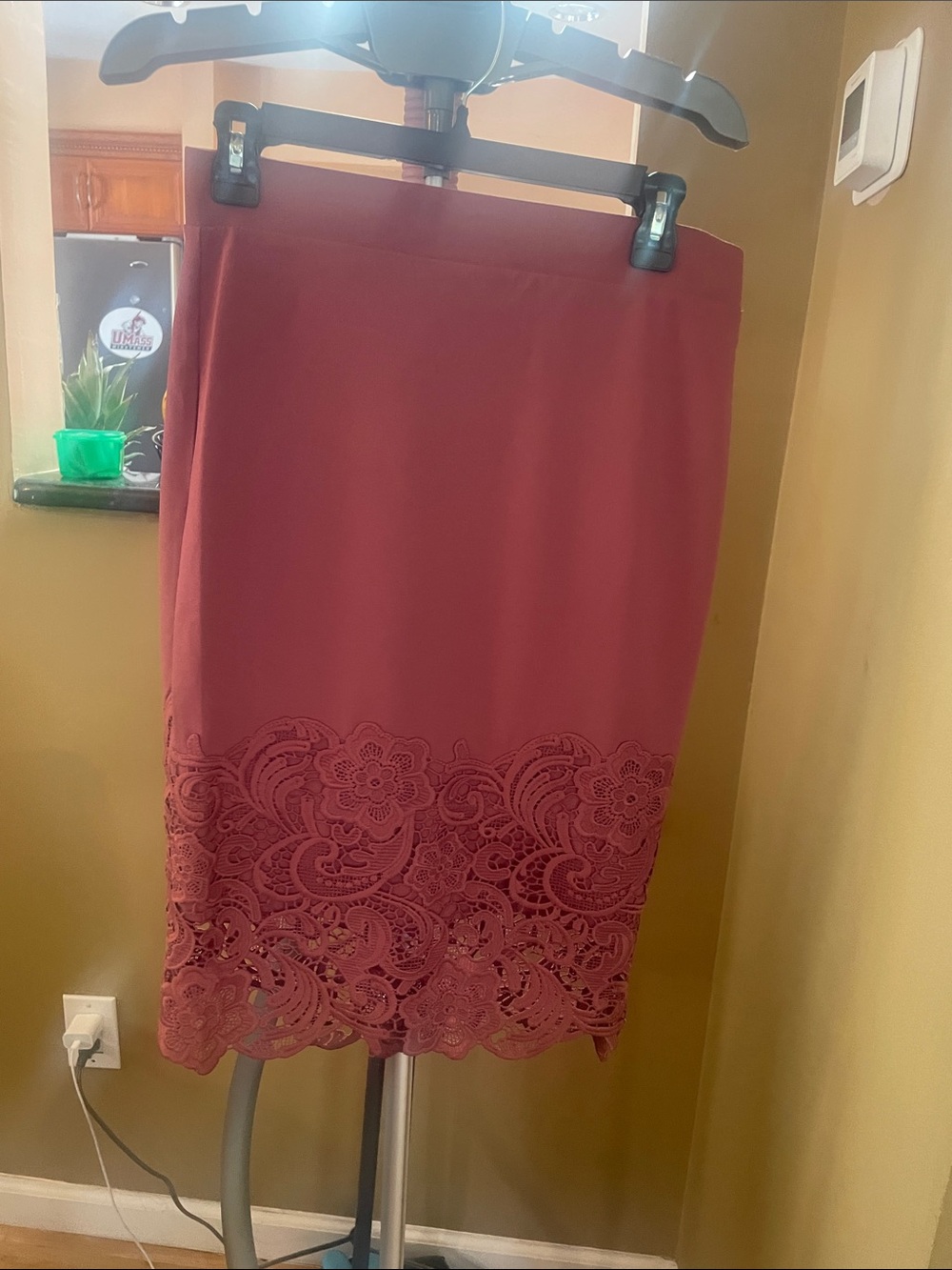NWT Blush Pink Lace Trim Stretchy Midi Pencil Skirt, Junior M, Boho